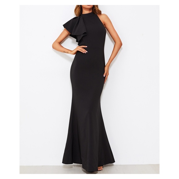 Black Halter Flounce Fishtail Long Dress - Picture 1 of 5